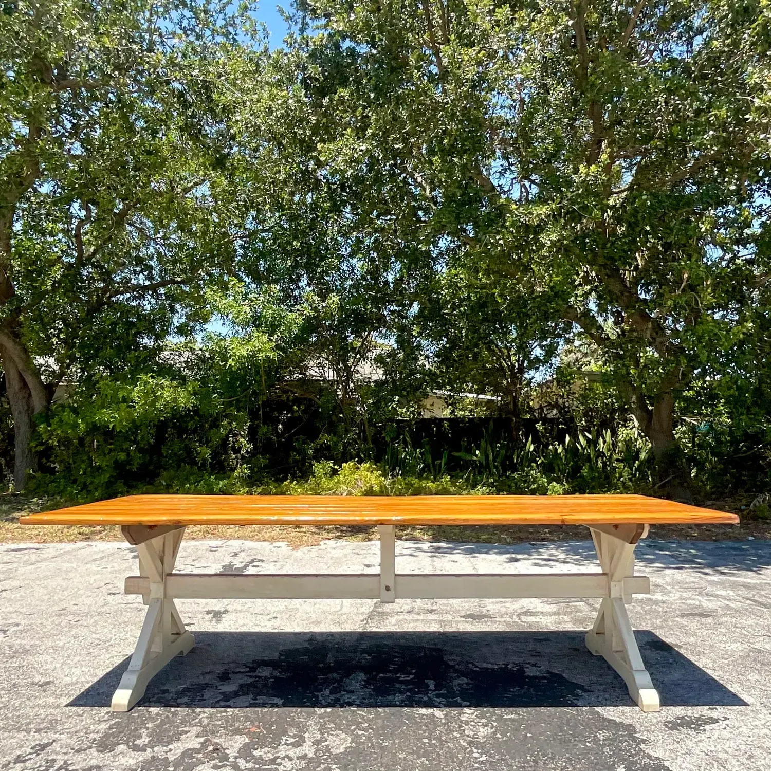 Late 20th Century Vintage Boho Trestle Plank Farm Table — additional photo 6
