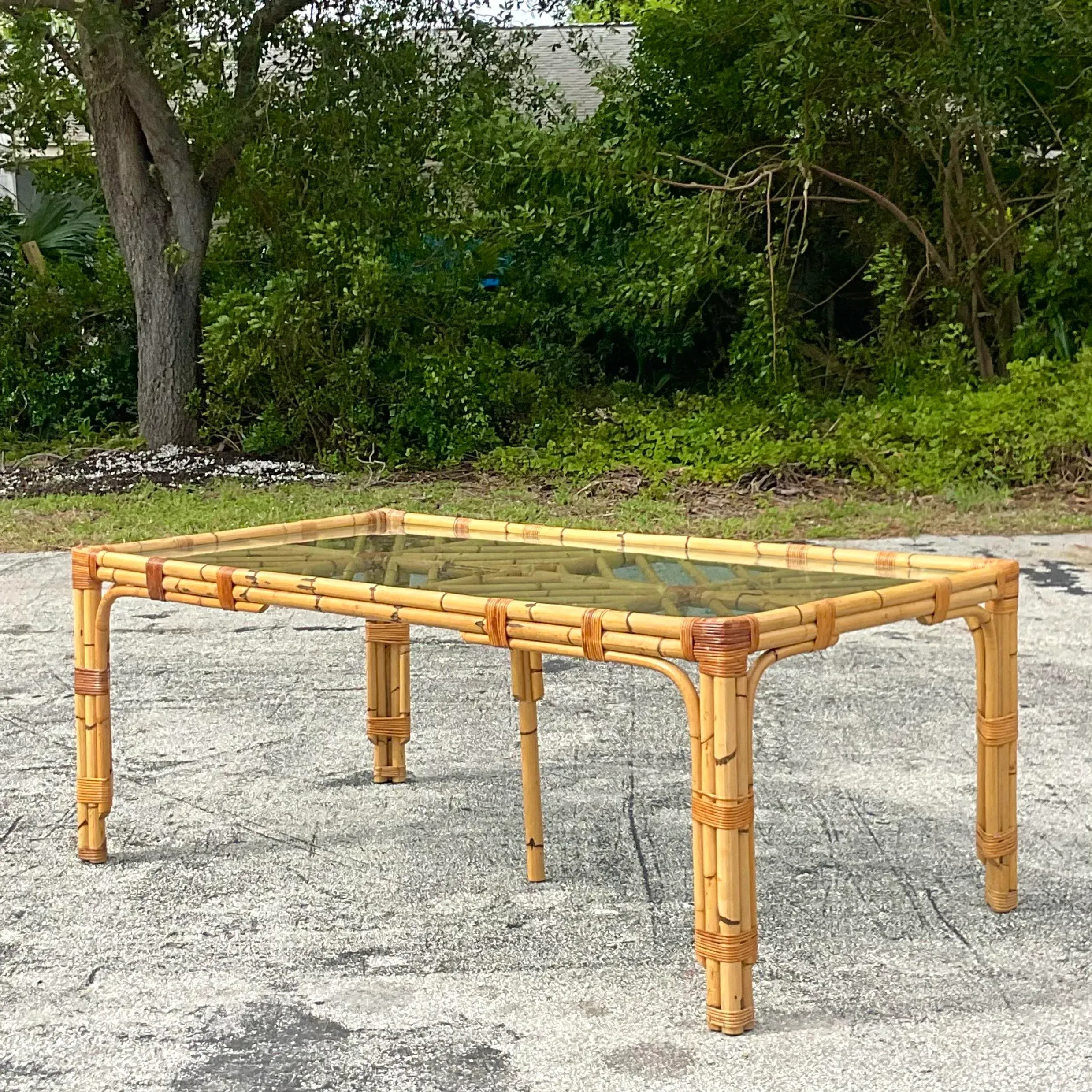 Late 20th Century Vintage Coastal Chevron Bamboo Dining Table — additional photo 1