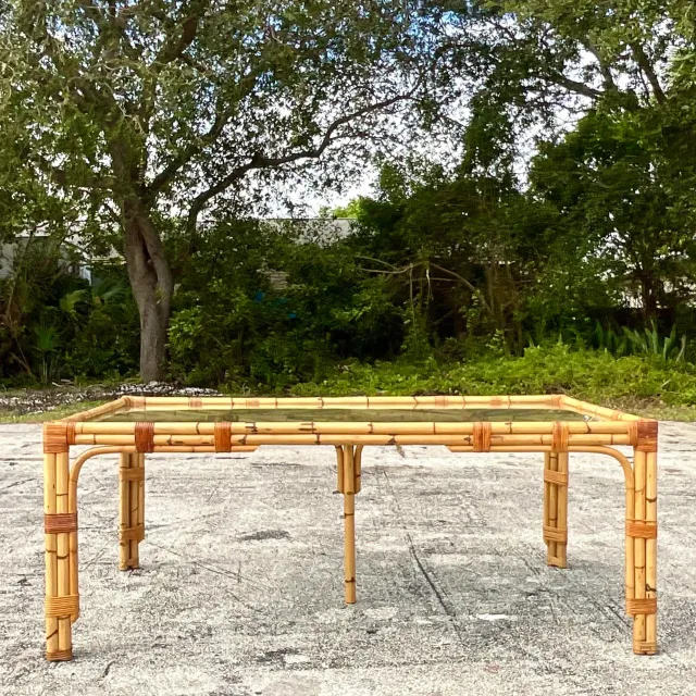Late 20th Century Vintage Coastal Chevron Bamboo Dining Table — additional photo 3