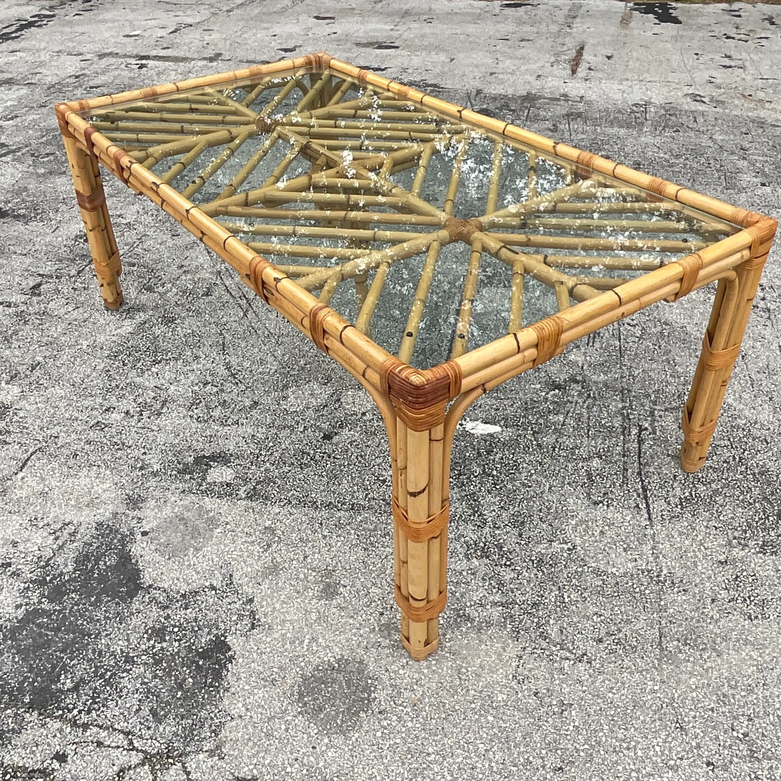 Late 20th Century Vintage Coastal Chevron Bamboo Dining Table — additional photo 4