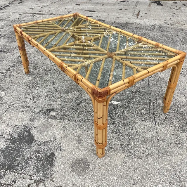 Late 20th Century Vintage Coastal Chevron Bamboo Dining Table — additional photo 4