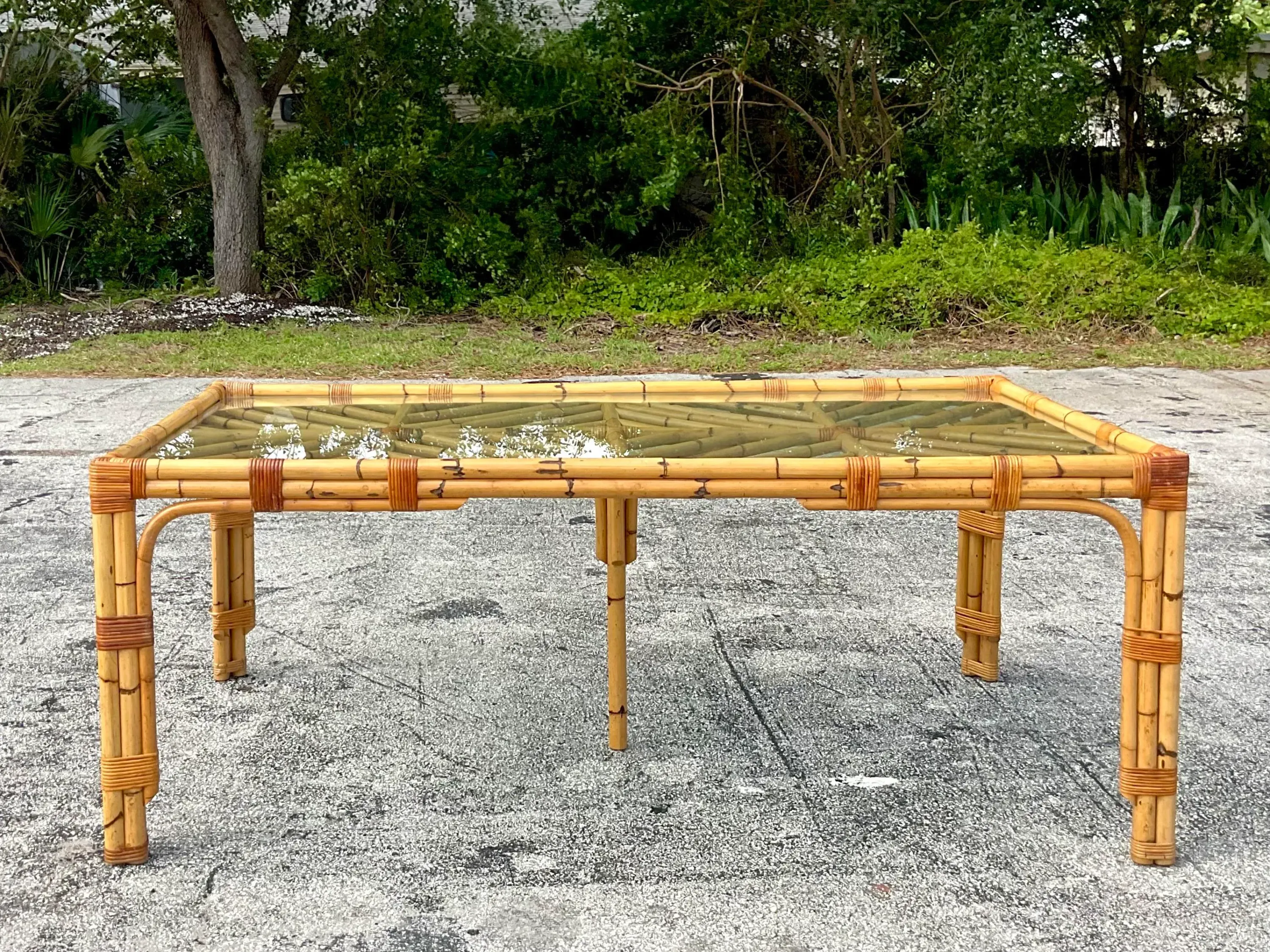 Late 20th Century Vintage Coastal Chevron Bamboo Dining Table — additional photo 5
