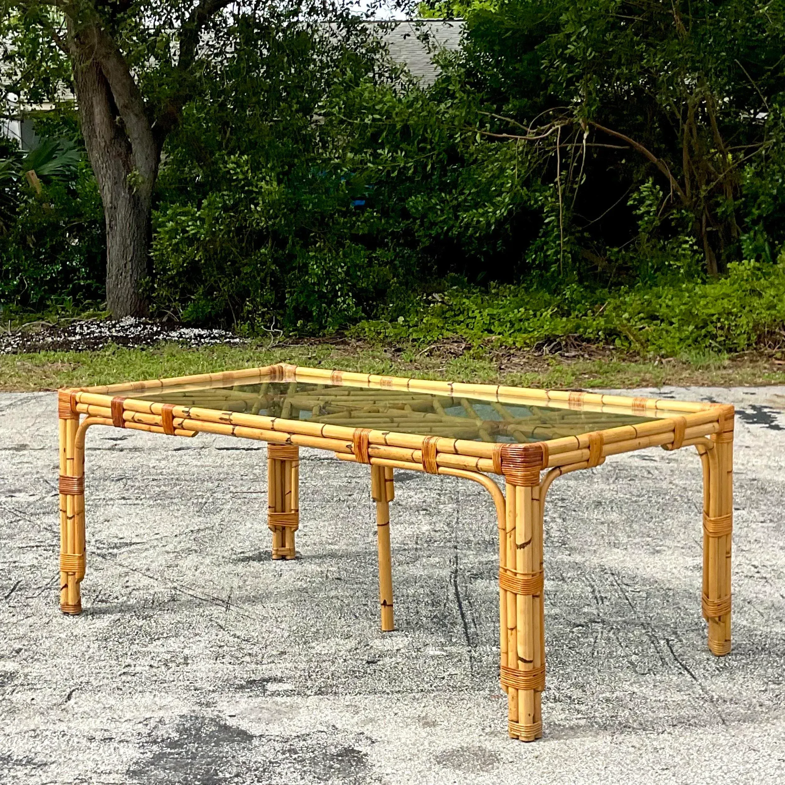 Late 20th Century Vintage Coastal Chevron Bamboo Dining Table — additional photo 7