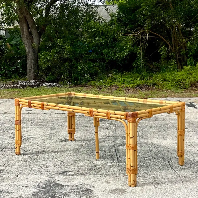 Late 20th Century Vintage Coastal Chevron Bamboo Dining Table — additional photo 7