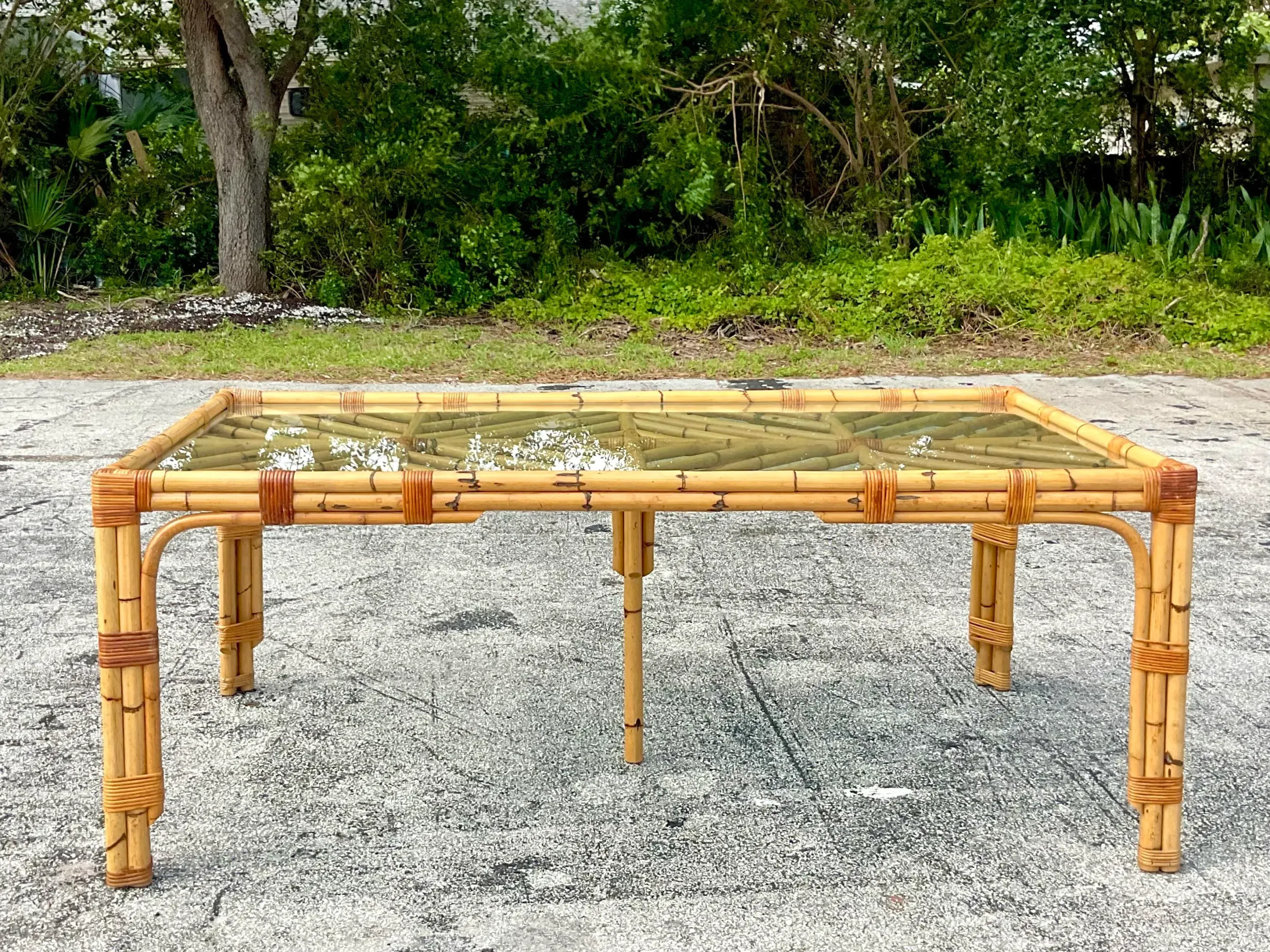 Late 20th Century Vintage Coastal Chevron Bamboo Dining Table — additional photo 8