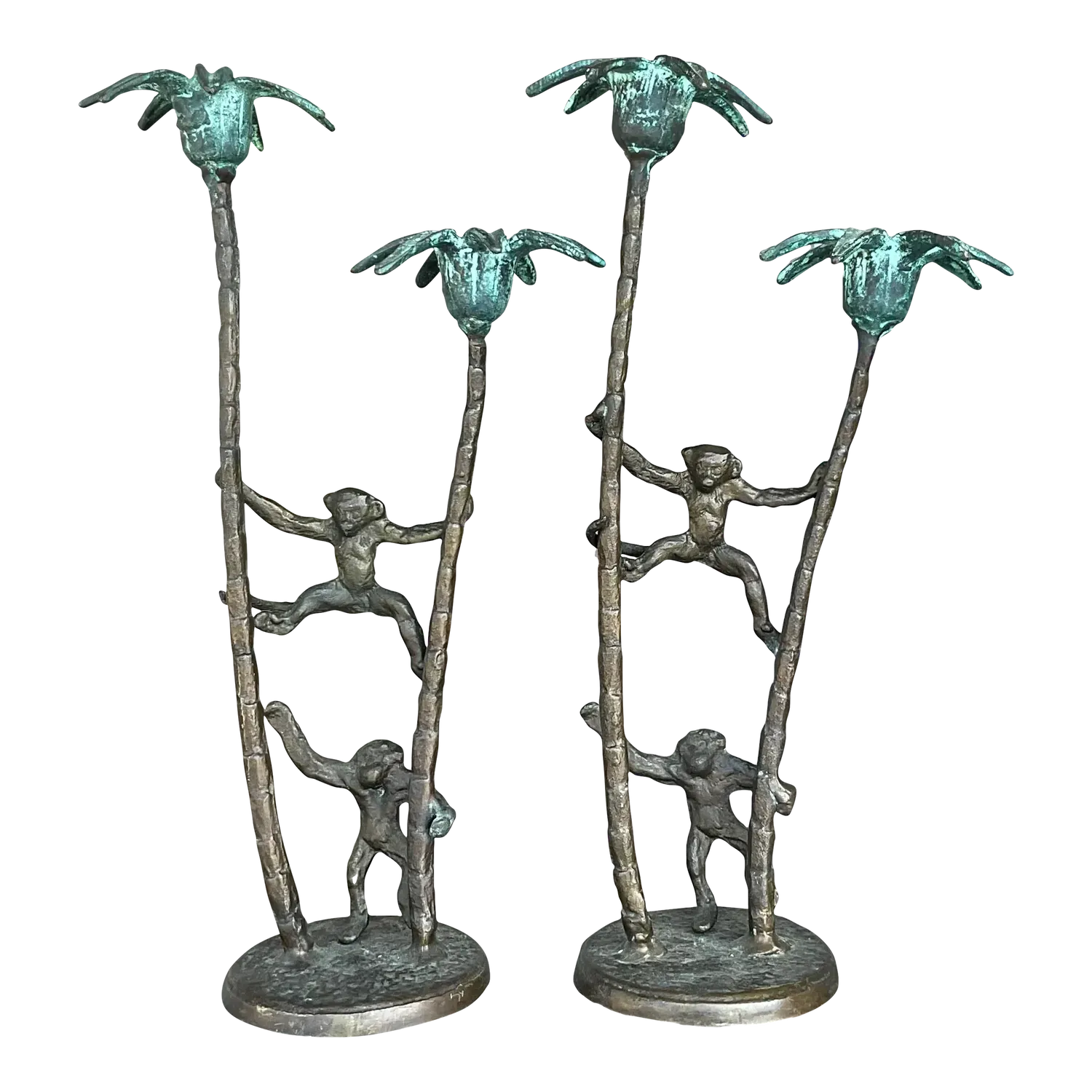Late 20th Century Vintage Coastal Palm Tree With Monkeys Candlesticks - A Pair