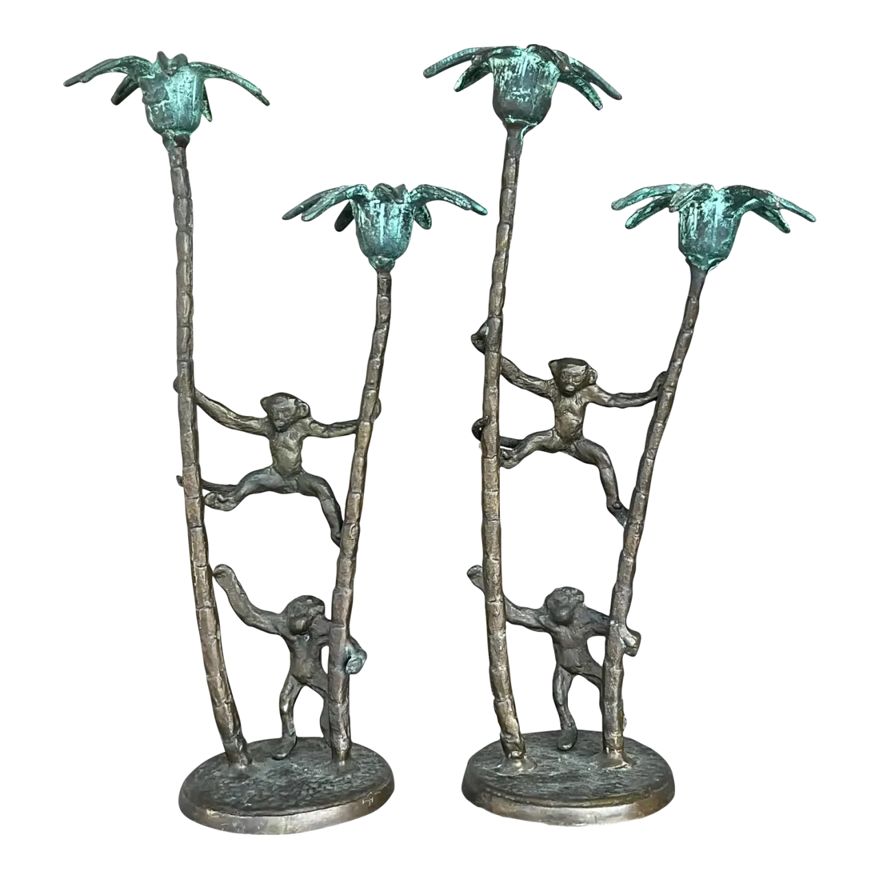 Late 20th Century Vintage Coastal Palm Tree With Monkeys Candlesticks - A Pair