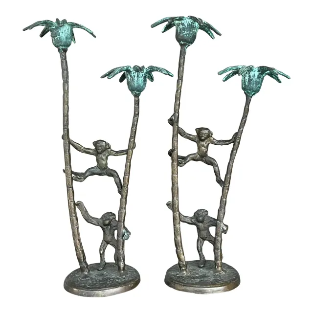 Late 20th Century Vintage Coastal Palm Tree With Monkeys Candlesticks - A Pair — additional photo 1