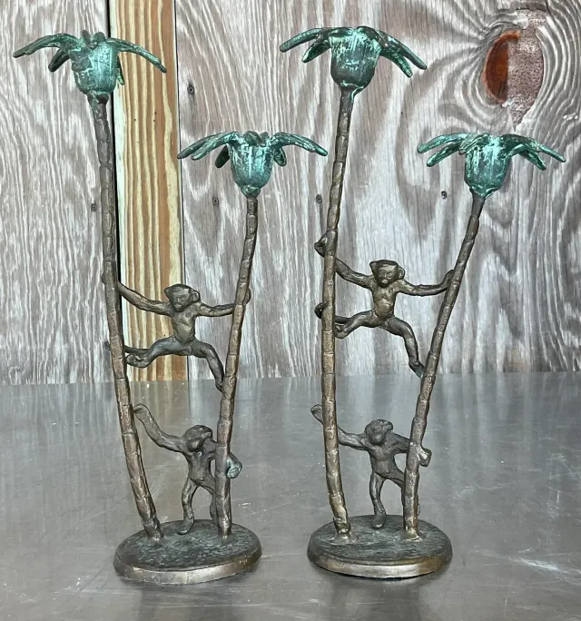 Late 20th Century Vintage Coastal Palm Tree With Monkeys Candlesticks - A Pair — additional photo 2