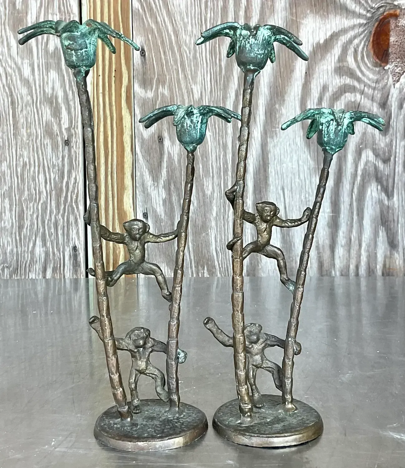 Late 20th Century Vintage Coastal Palm Tree With Monkeys Candlesticks - A Pair — additional photo 3
