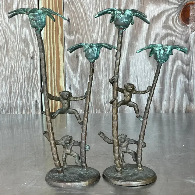 Late 20th Century Vintage Coastal Palm Tree With Monkeys Candlesticks - A Pair — additional photo 7
