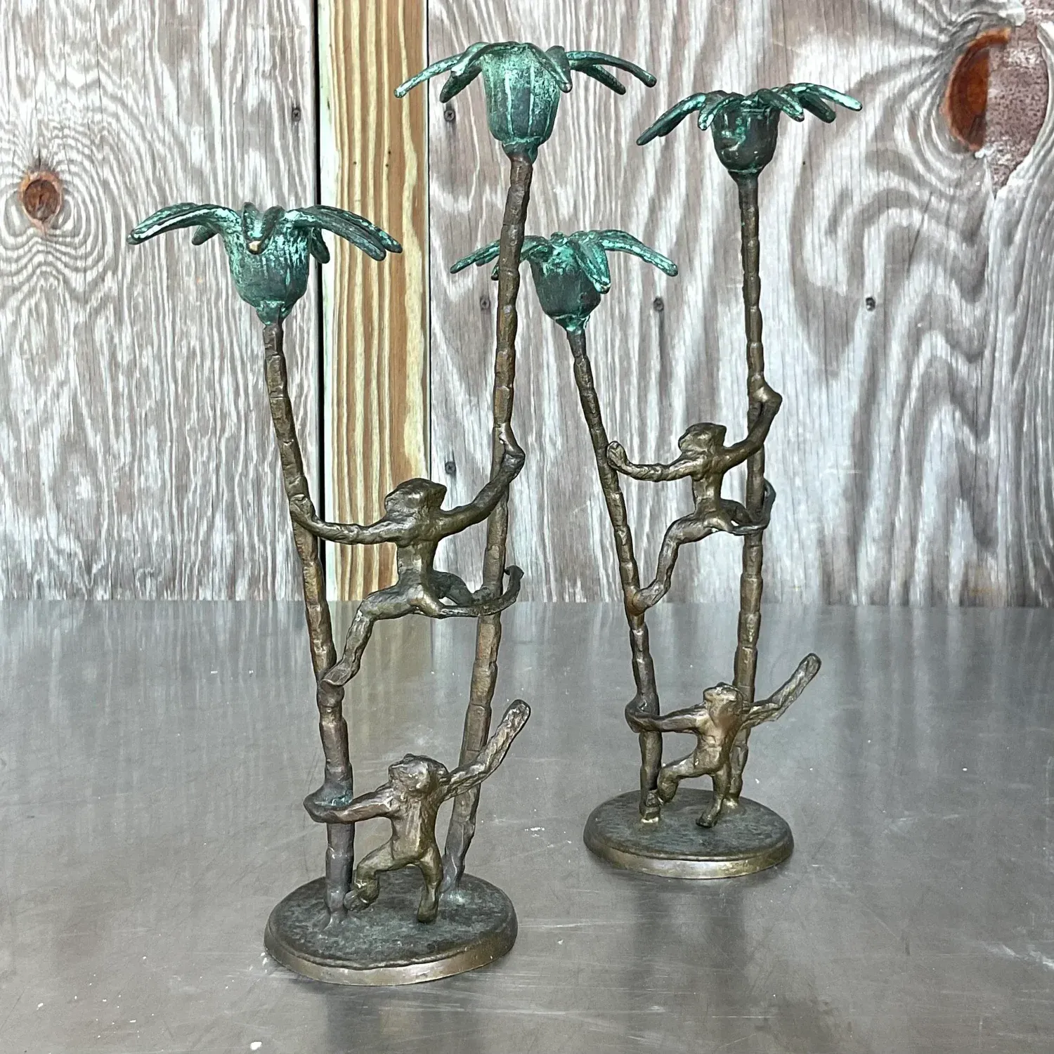 Late 20th Century Vintage Coastal Palm Tree With Monkeys Candlesticks - A Pair — additional photo 8