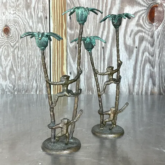 Late 20th Century Vintage Coastal Palm Tree With Monkeys Candlesticks - A Pair — additional photo 8