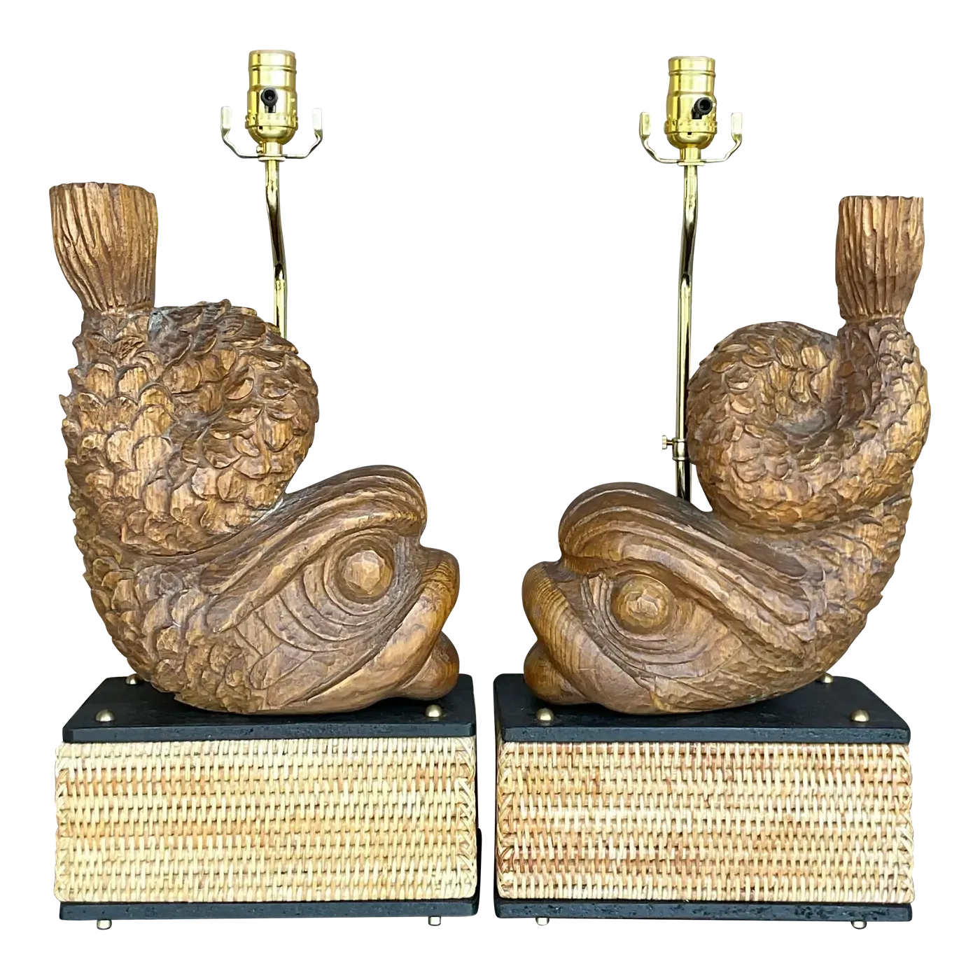 Late 20th Century Vintage Hand Carved Dolphin Lamps - a Pair