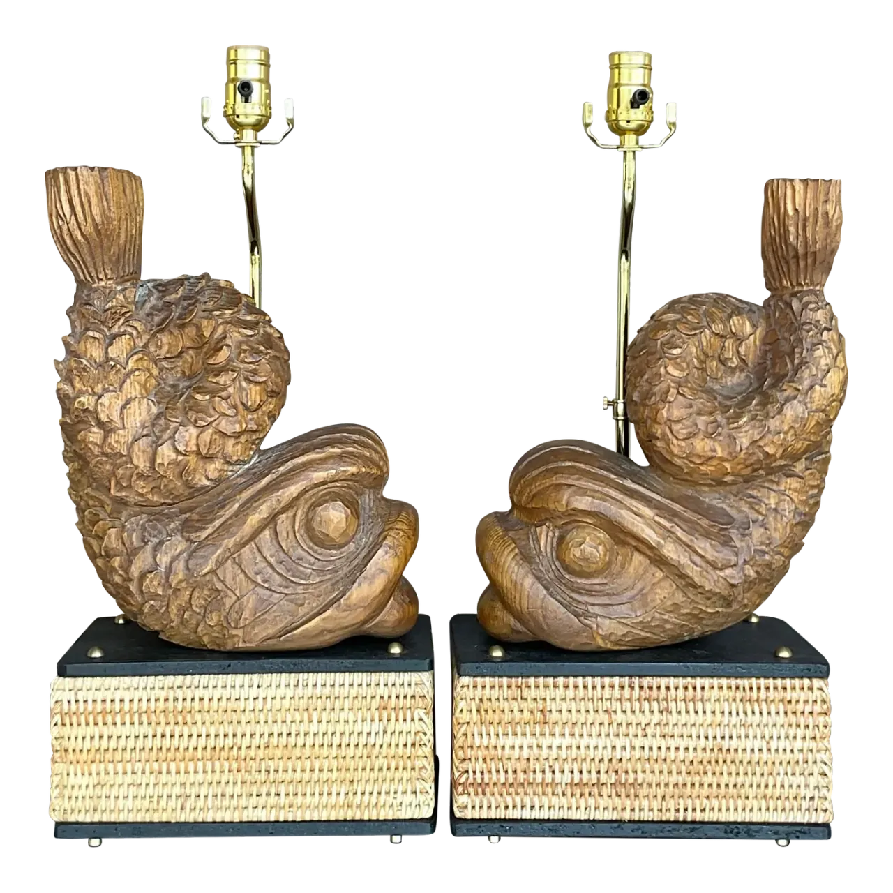 Late 20th Century Vintage Hand Carved Dolphin Lamps - a Pair