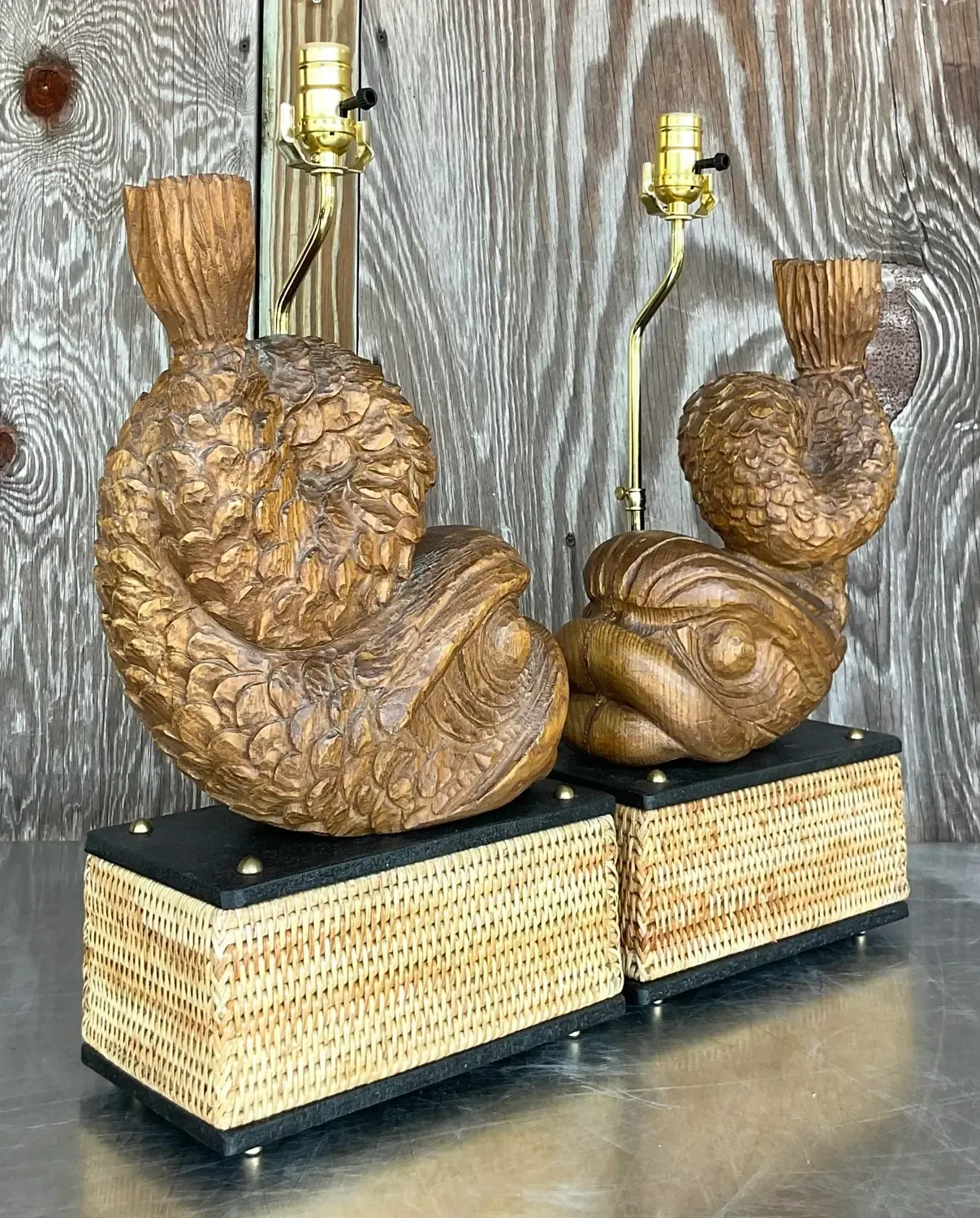 Late 20th Century Vintage Hand Carved Dolphin Lamps - a Pair — additional photo 1