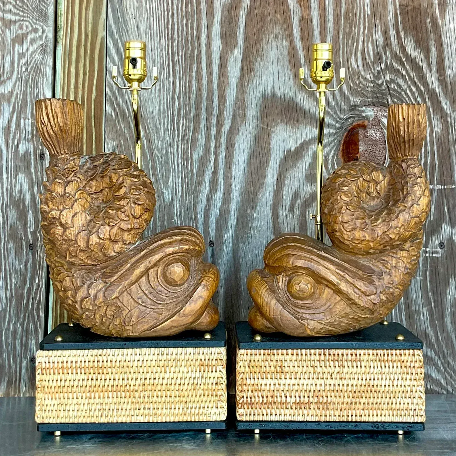 Late 20th Century Vintage Hand Carved Dolphin Lamps - a Pair — additional photo 2