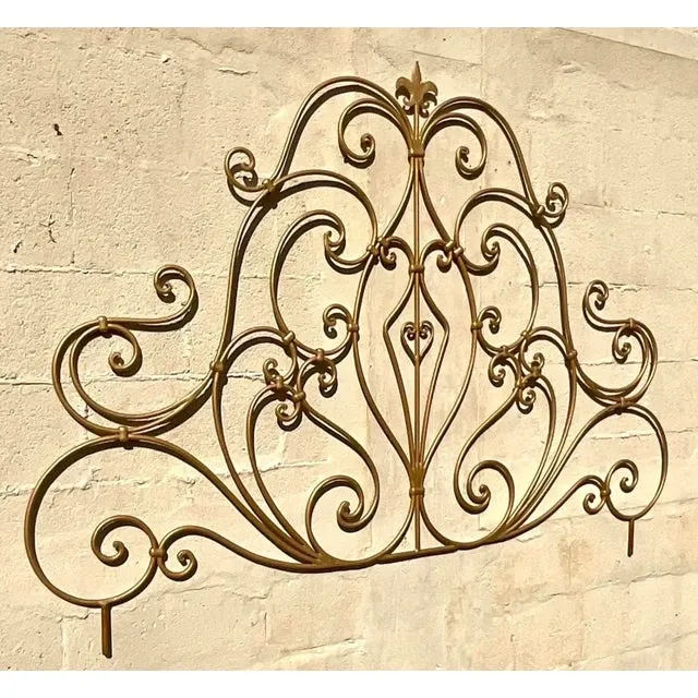 Late 20th Century Vintage Regency Italian Gilt Metal Scroll Queen Headboard — additional photo 3