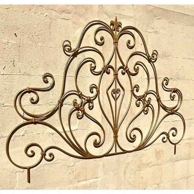 Late 20th Century Vintage Regency Italian Gilt Metal Scroll Queen Headboard — additional photo 4