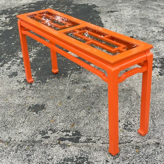 Late 20th Century Vintage Regency Orange Lacquered Fretwork Console Table — additional photo 3