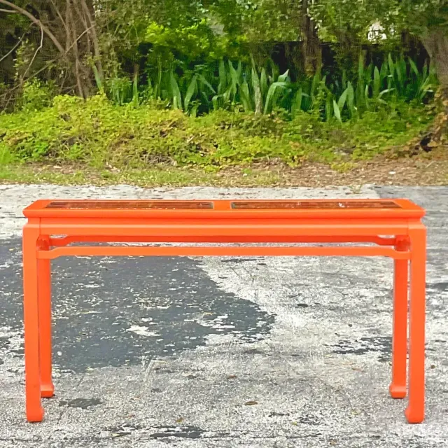 Late 20th Century Vintage Regency Orange Lacquered Fretwork Console Table — additional photo 4