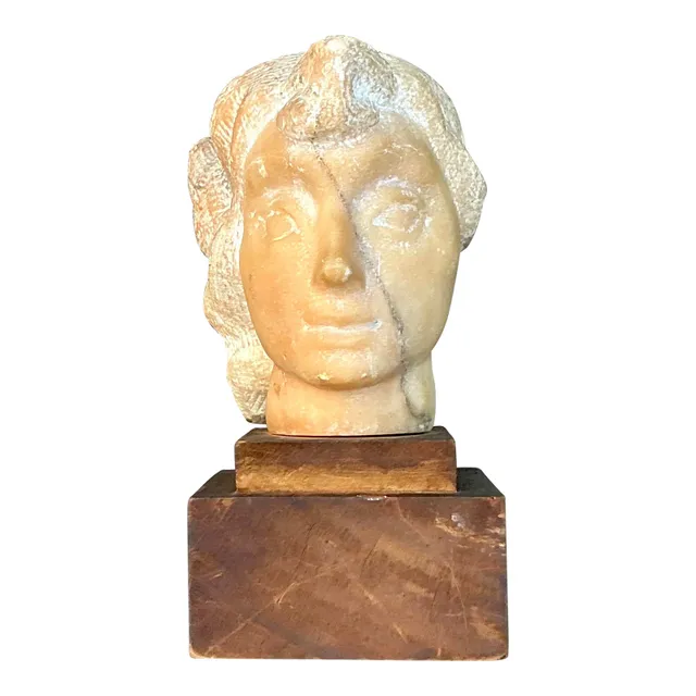 Mid 20th Century Vintage Boho Carved Stone Bust of Woman Sculpture — additional photo 1