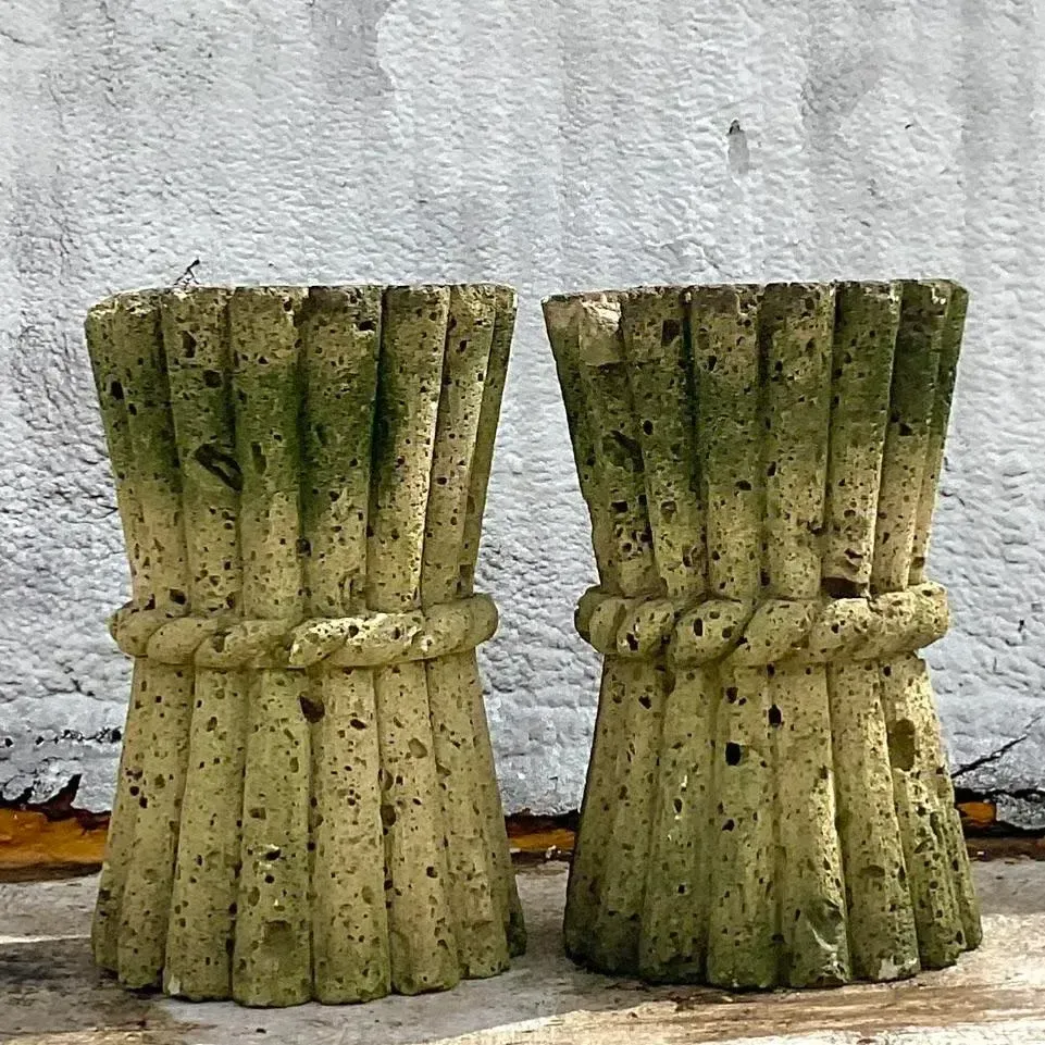 Mid 20th Century Vintage Boho Cut Coquina Stone Bamboo Table Pedestals - a Pair — additional photo 1