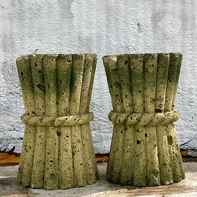 Mid 20th Century Vintage Boho Cut Coquina Stone Bamboo Table Pedestals - a Pair — additional photo 1