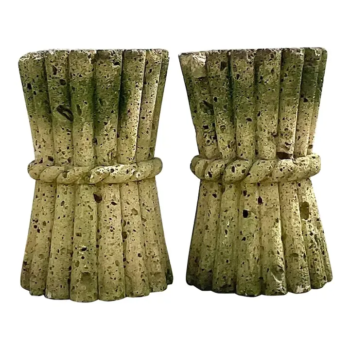 Mid 20th Century Vintage Boho Cut Coquina Stone Bamboo Table Pedestals - a Pair — additional photo 2