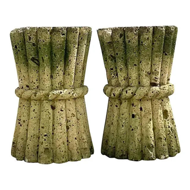 Mid 20th Century Vintage Boho Cut Coquina Stone Bamboo Table Pedestals - a Pair — additional photo 2