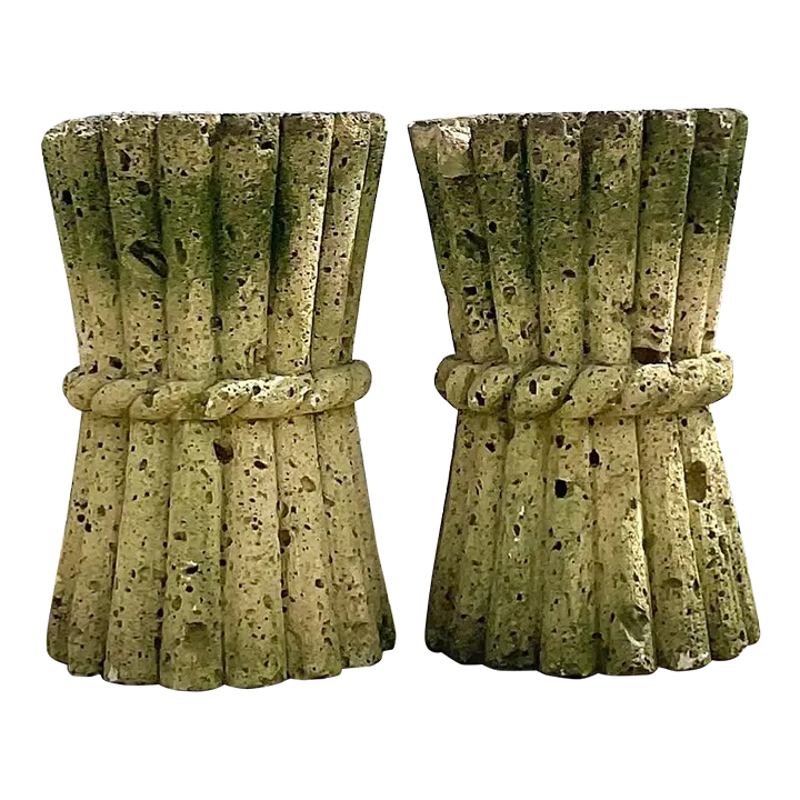 Mid 20th Century Vintage Boho Cut Coquina Stone Bamboo Table Pedestals - a Pair — additional photo 3