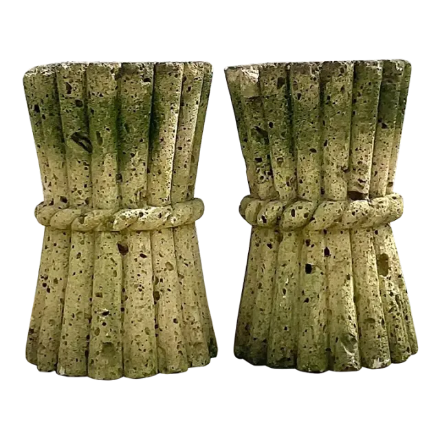 Mid 20th Century Vintage Boho Cut Coquina Stone Bamboo Table Pedestals - a Pair — additional photo 3