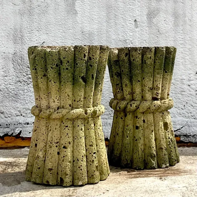 Mid 20th Century Vintage Boho Cut Coquina Stone Bamboo Table Pedestals - a Pair — additional photo 4
