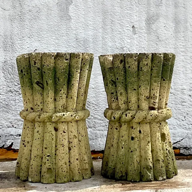 Mid 20th Century Vintage Boho Cut Coquina Stone Bamboo Table Pedestals - a Pair — additional photo 5