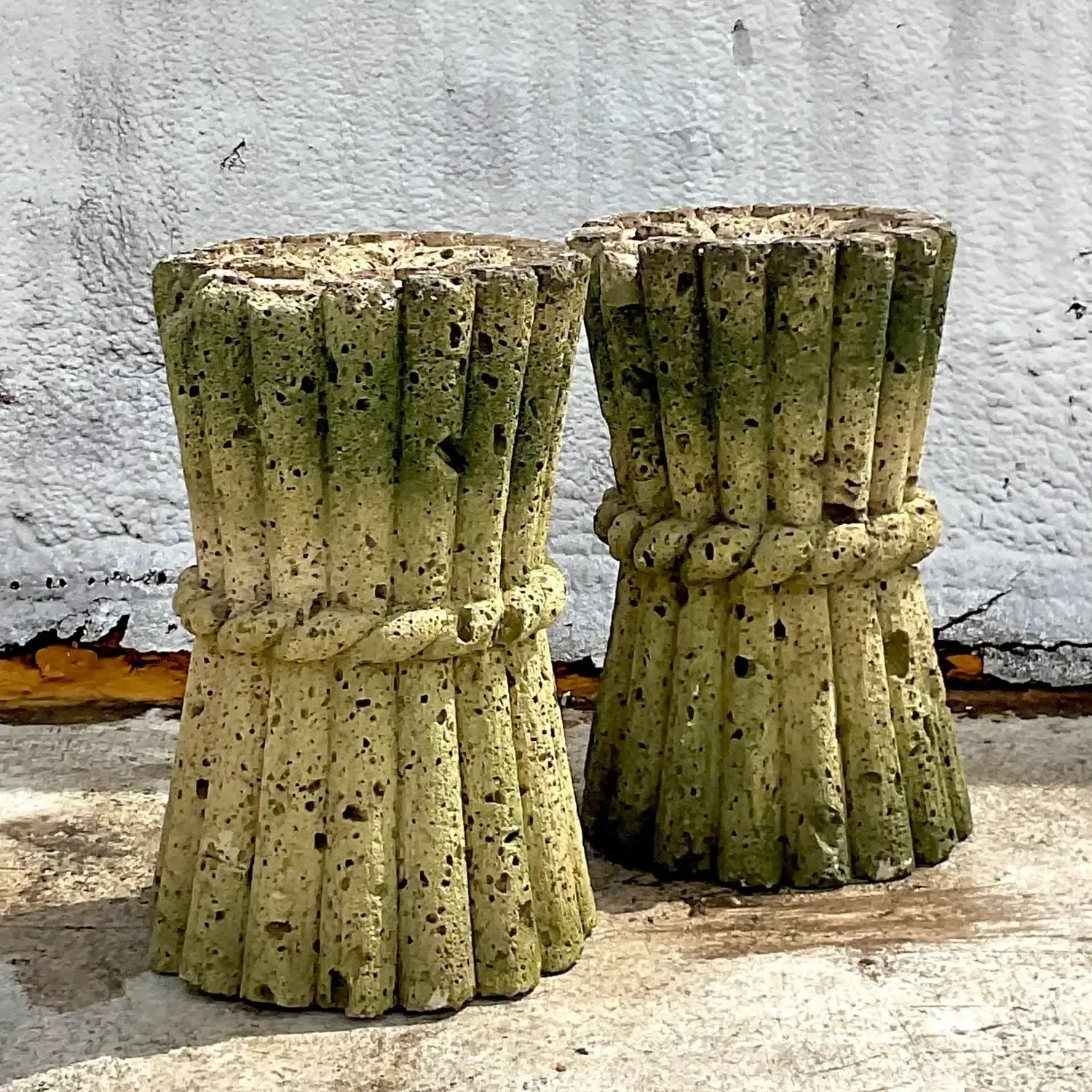 Mid 20th Century Vintage Boho Cut Coquina Stone Bamboo Table Pedestals - a Pair — additional photo 6