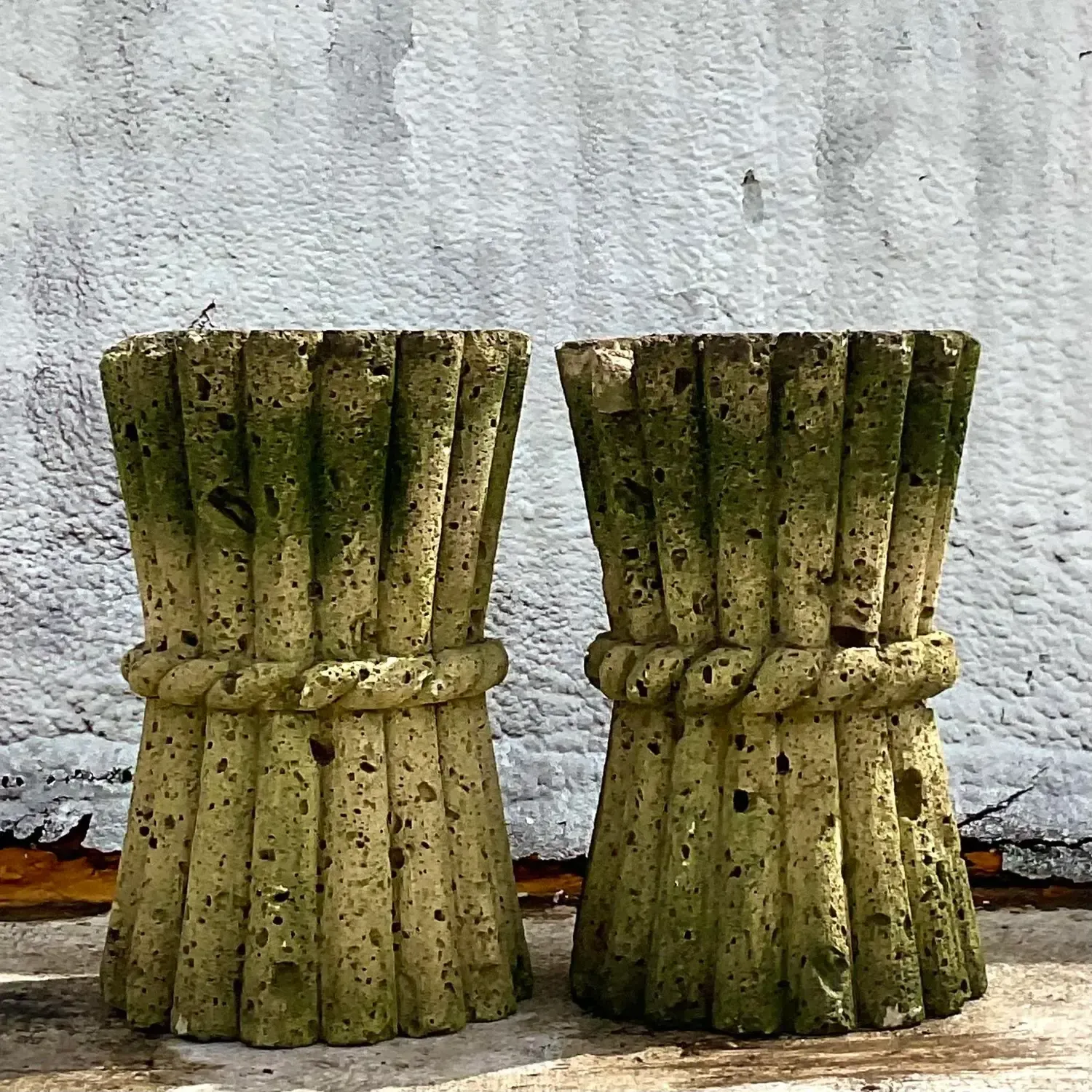 Mid 20th Century Vintage Boho Cut Coquina Stone Bamboo Table Pedestals - a Pair — additional photo 7
