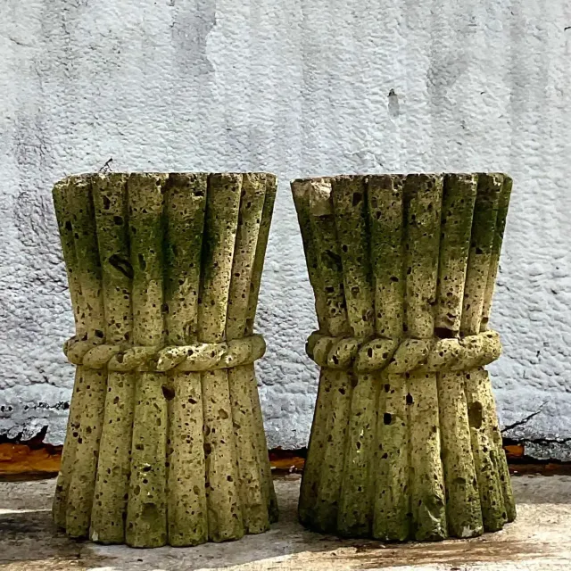 Mid 20th Century Vintage Boho Cut Coquina Stone Bamboo Table Pedestals - a Pair — additional photo 7