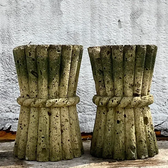 Mid 20th Century Vintage Boho Cut Coquina Stone Bamboo Table Pedestals - a Pair — additional photo 8