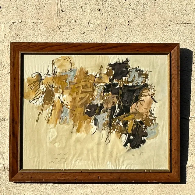Mid 20th Century Vintage Boho Original Abstract Oil Painting on Paper — additional photo 3
