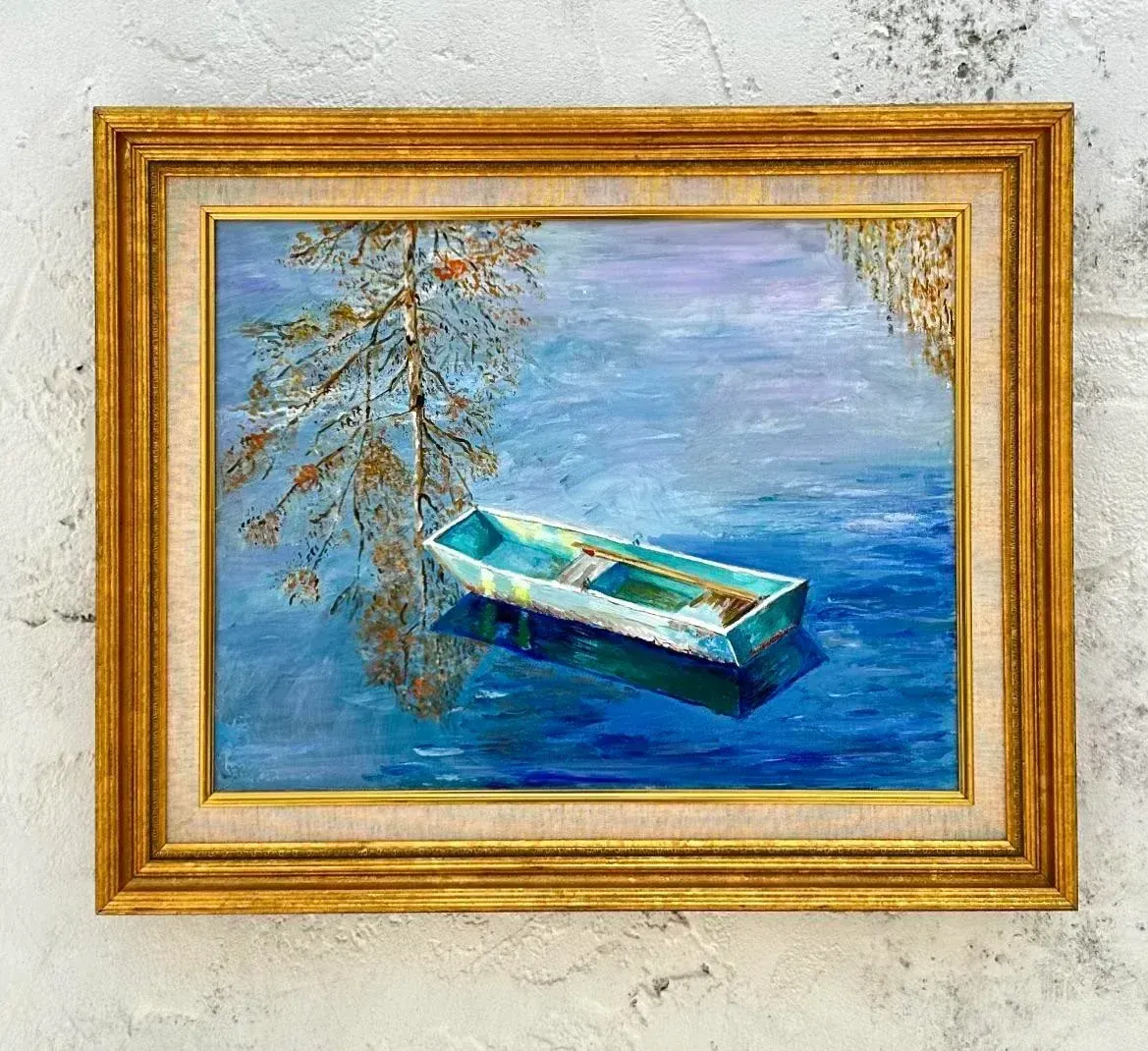 Mid 20th Century Vintage Coastal Original Oil Painting of Rowboat, Framed