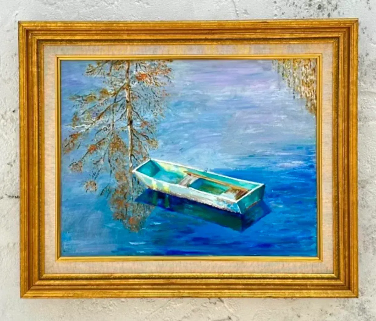 Mid 20th Century Vintage Coastal Original Oil Painting of Rowboat, Framed — additional photo 2