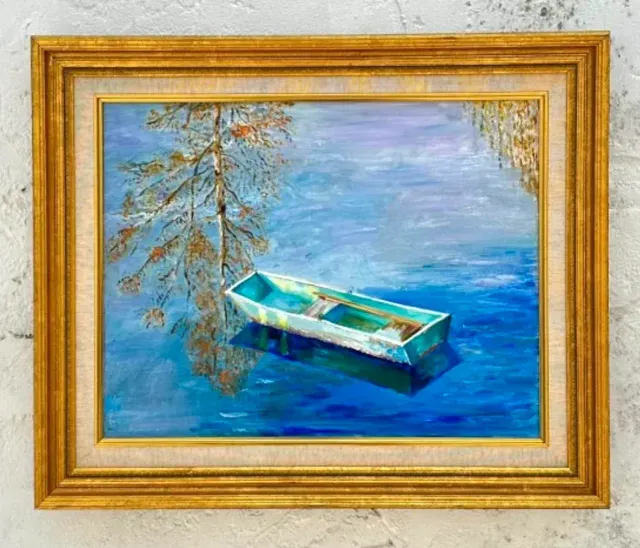 Mid 20th Century Vintage Coastal Original Oil Painting of Rowboat, Framed — additional photo 2