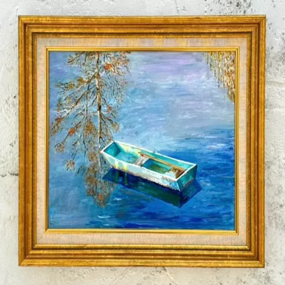 Mid 20th Century Vintage Coastal Original Oil Painting of Rowboat, Framed — additional photo 3
