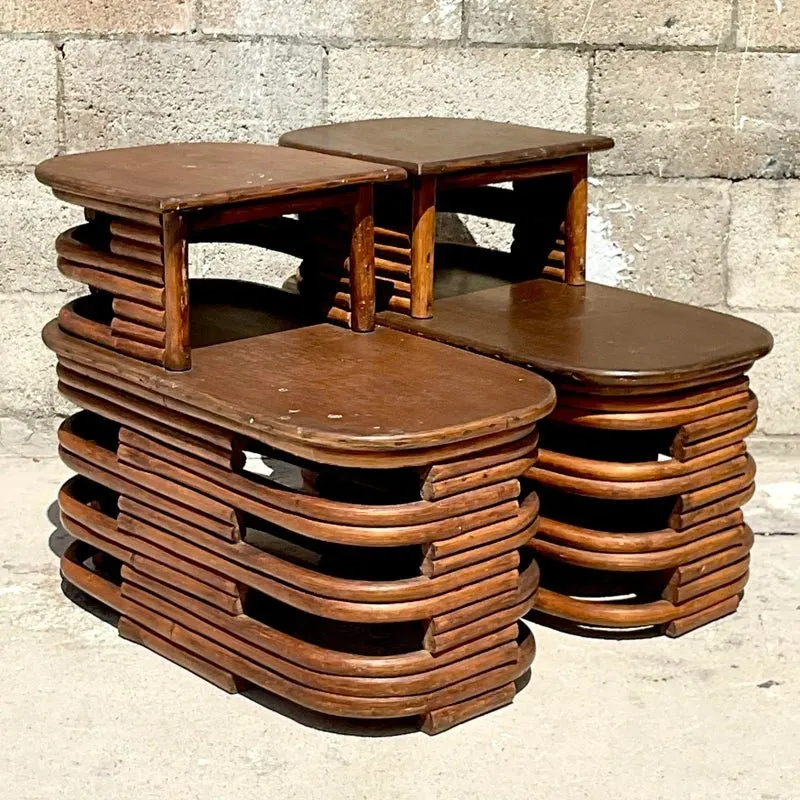Mid 20th Century Vintage Coastal Paul Frankl Stacked Rattan Side Tables - a Pair