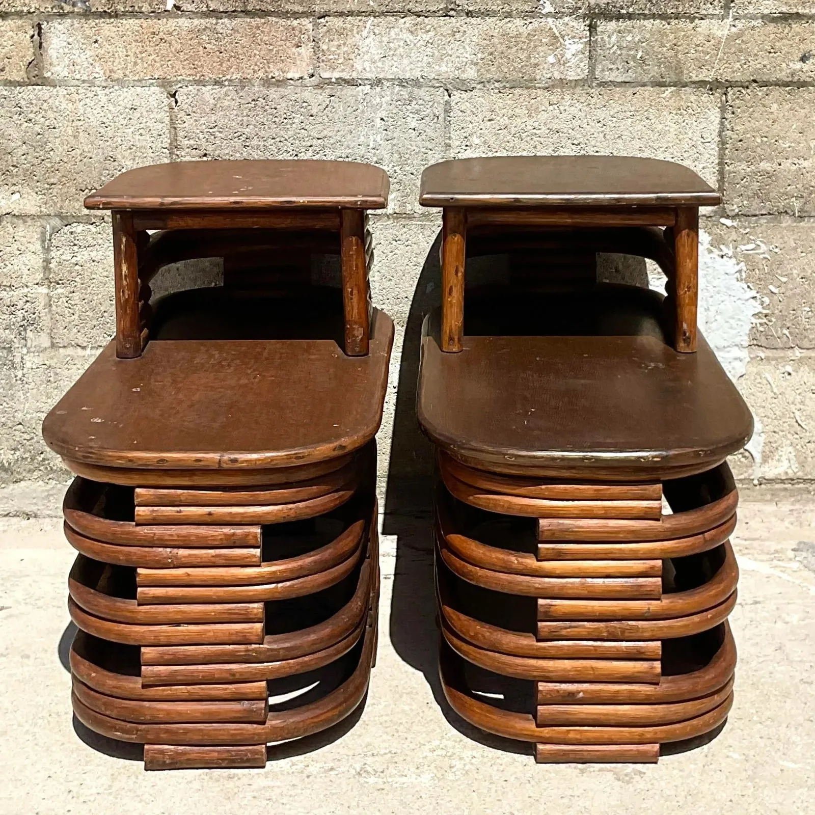 Mid 20th Century Vintage Coastal Paul Frankl Stacked Rattan Side Tables - a Pair — additional photo 2