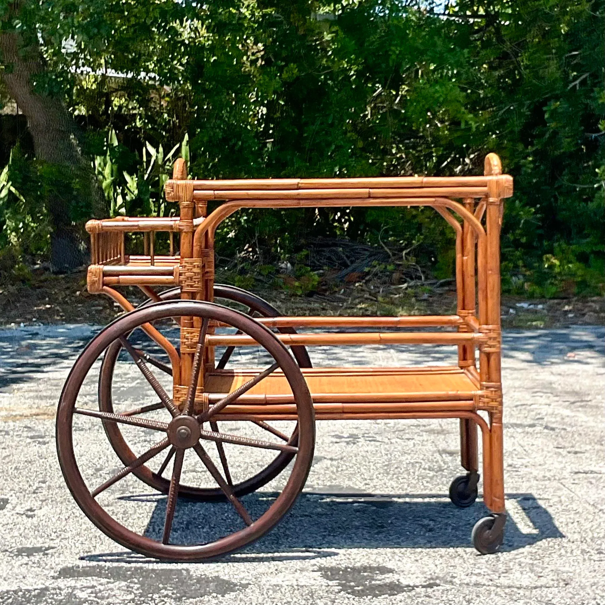 Mid 20th Century Vintage Coastal Rattan Bar Cart