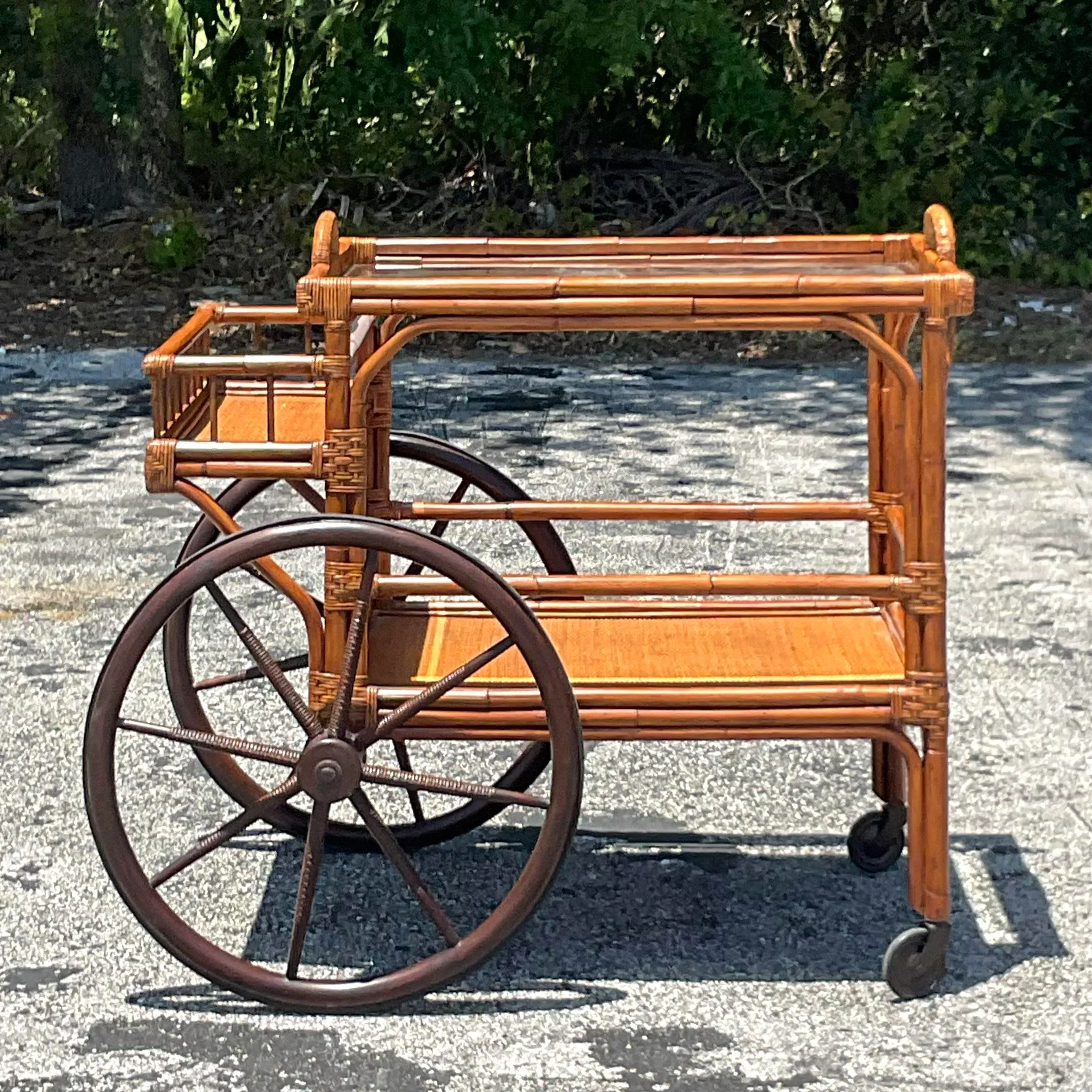 Mid 20th Century Vintage Coastal Rattan Bar Cart — additional photo 3