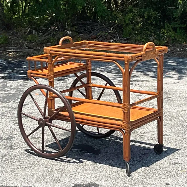 Mid 20th Century Vintage Coastal Rattan Bar Cart — additional photo 4