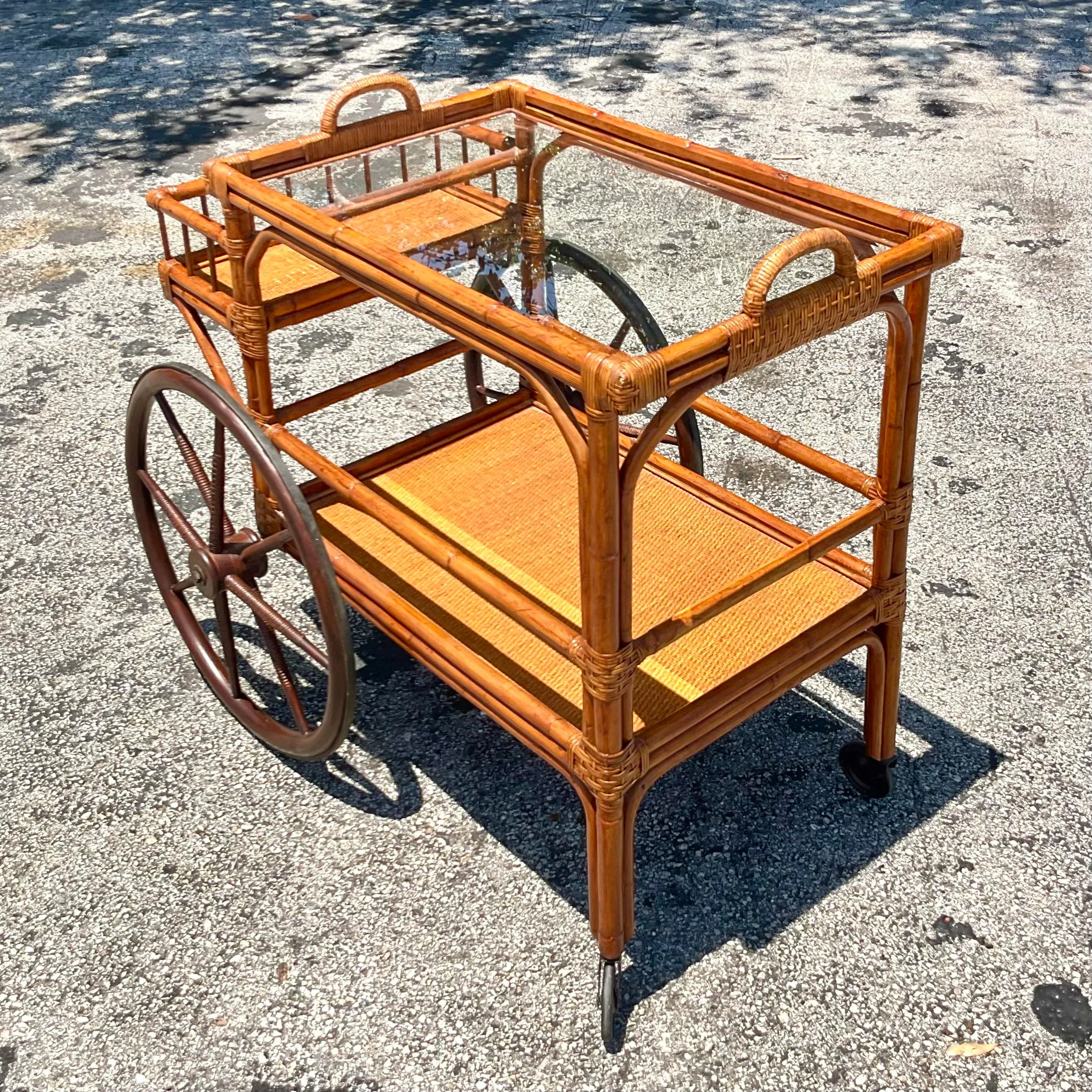 Mid 20th Century Vintage Coastal Rattan Bar Cart — additional photo 7