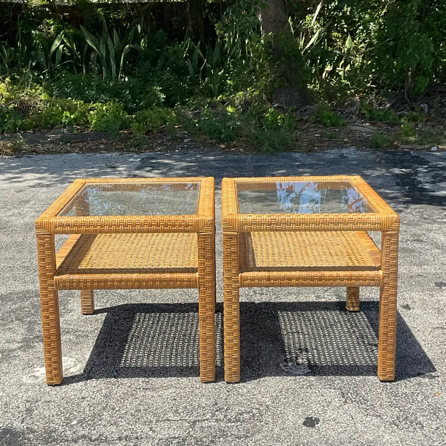 Mid 20th Century Vintage Coastal Woven Rattan Side Tables - Pair of 2